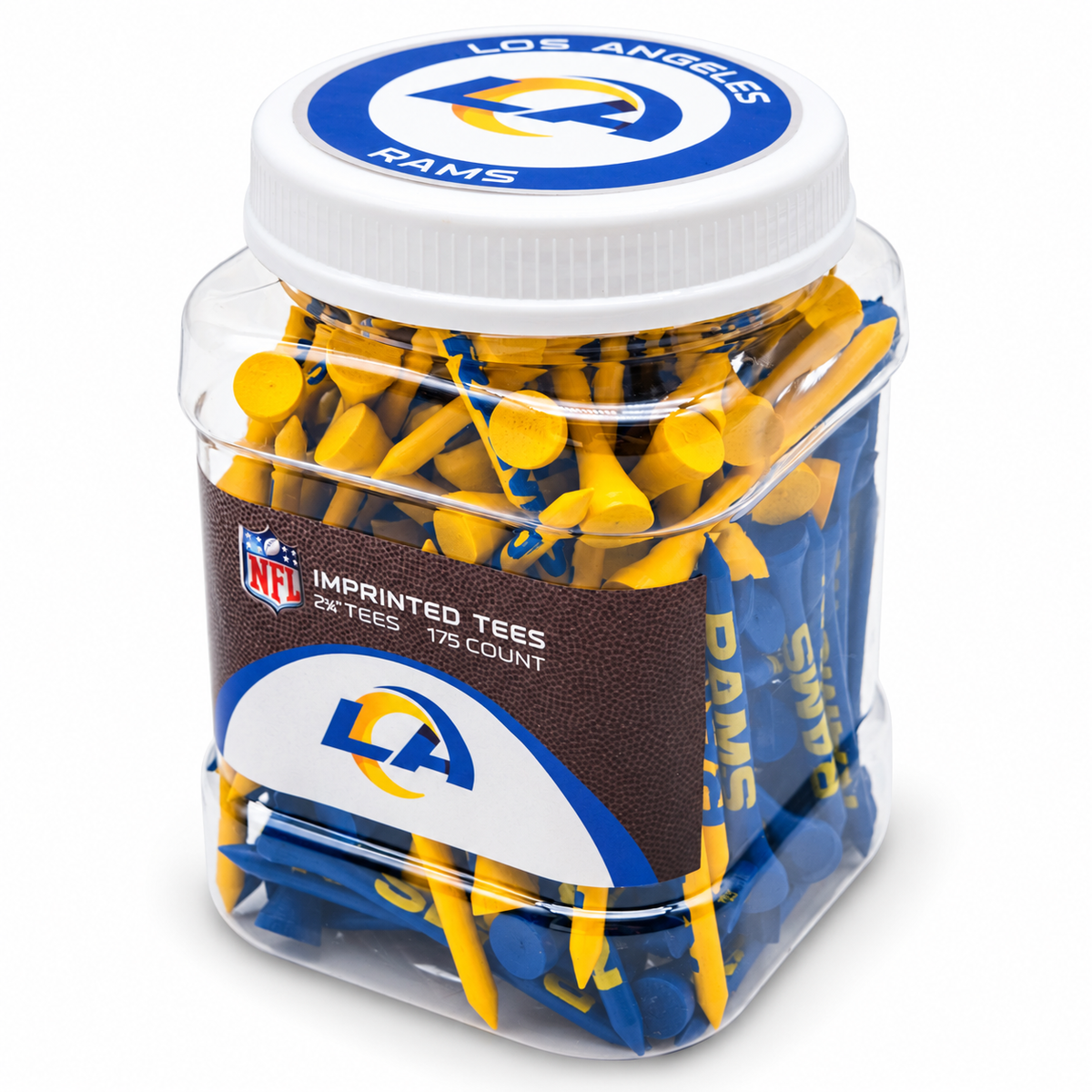 Close-up of the closed Los Angeles Rams 175-count tee jar.