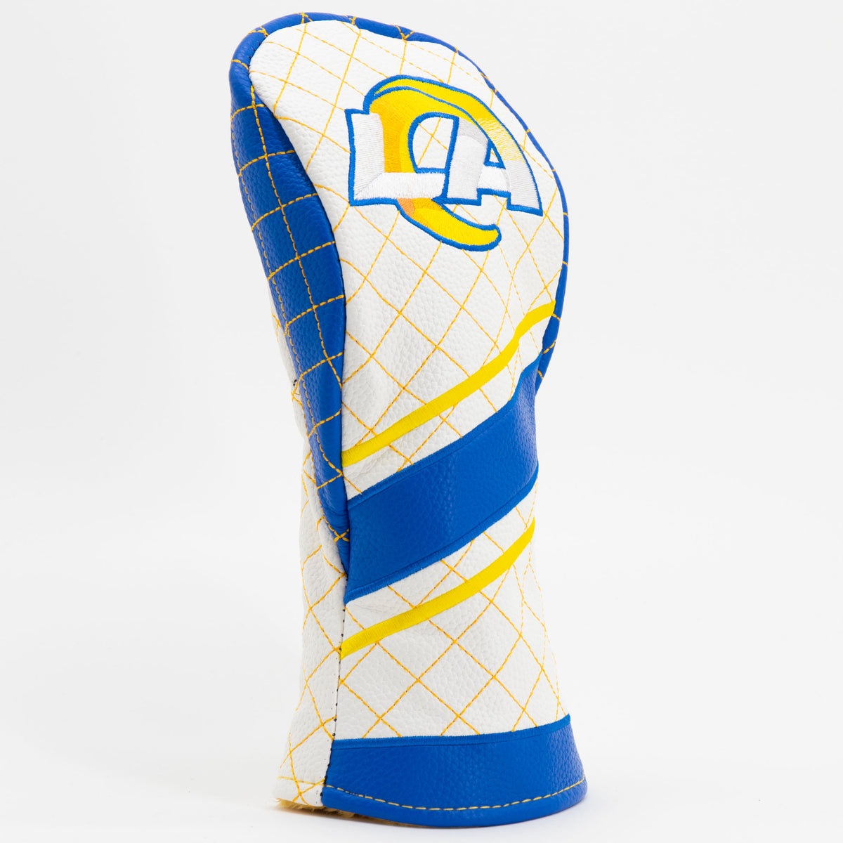 Los Angeles Rams Striped Quilted Fairway Headcover, close-up of the diamond stitching and textured exterior