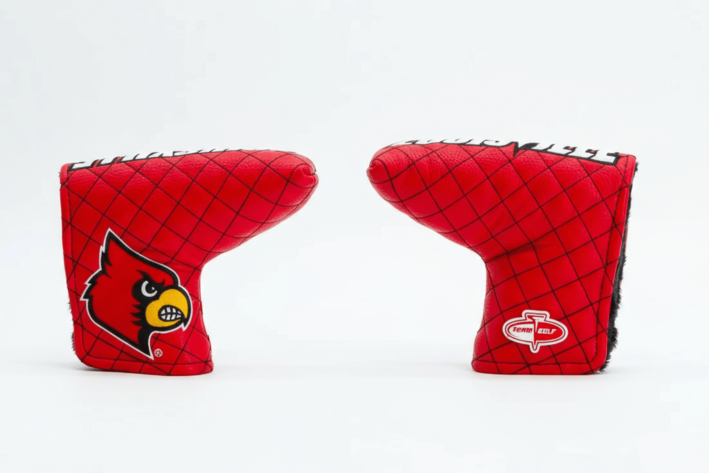 Two red golf club covers with a logo on a white background