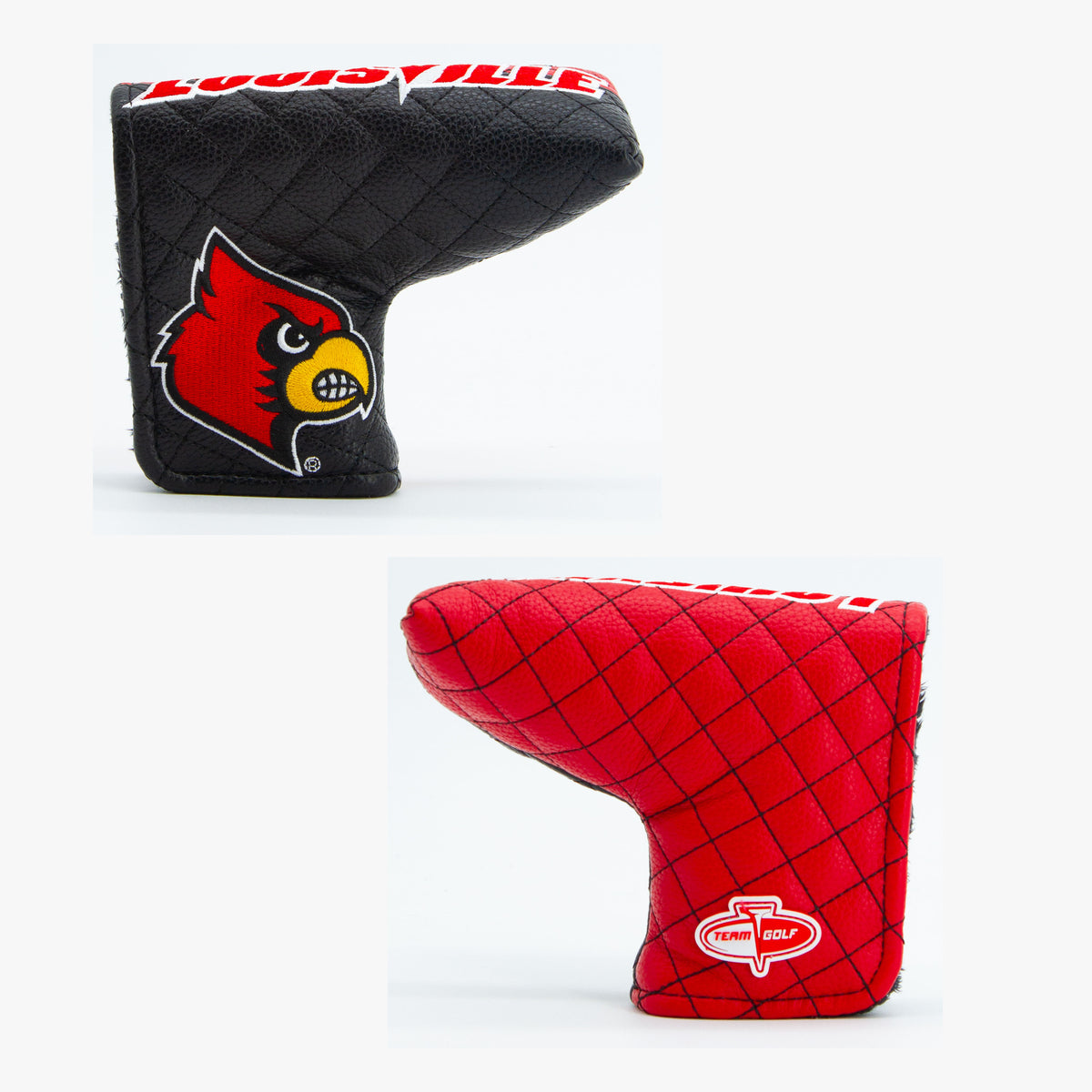 Louisville Cardinals Split Quilted Blade Putter Cover, offset front and back views
