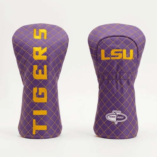 Two purple golf club head covers with 'Tigers' and 'LSU' branding on a white background.