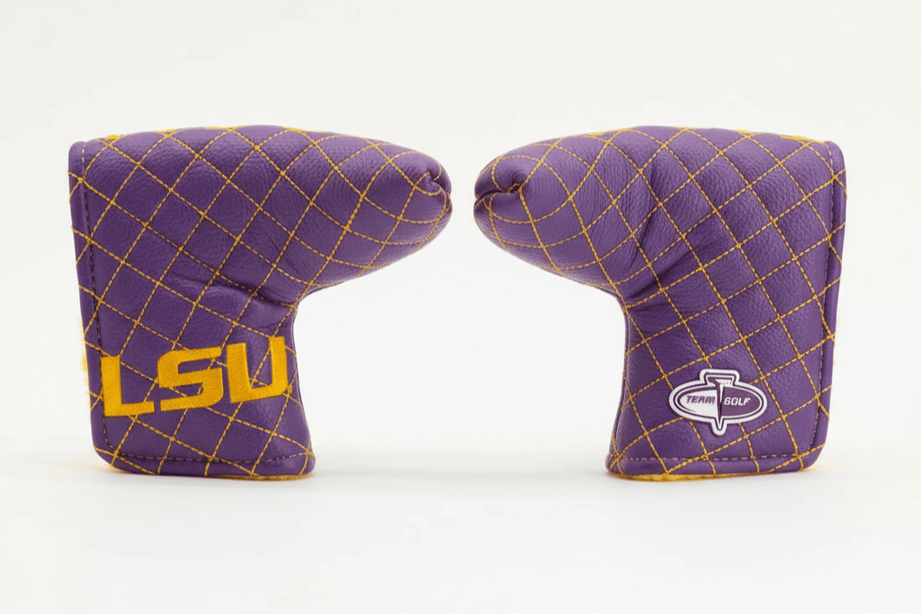 Two purple golf club covers with LSU logo on a white background
