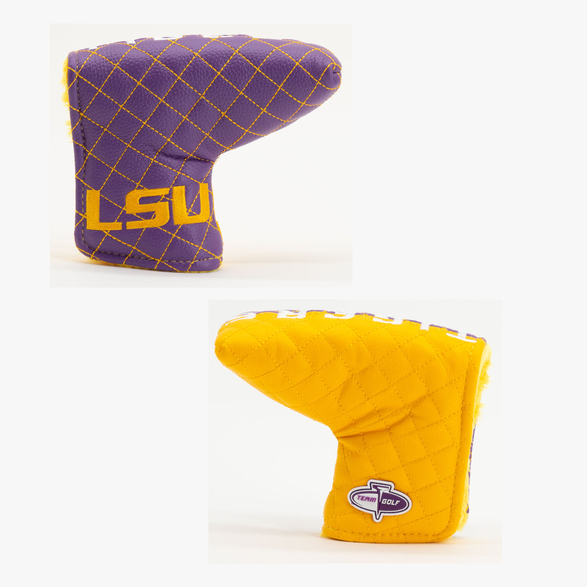 LSU Tigers Split Quilted Blade Putter Cover, offset front and back views