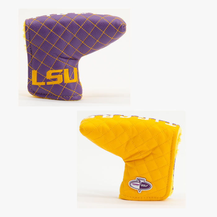 LSU Tigers Split Quilted Blade Putter Cover, offset front and back views