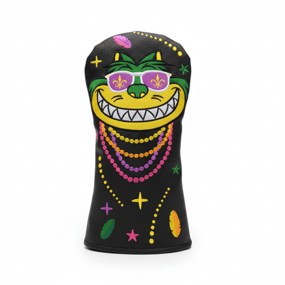 Colorful golf club head cover with a mardi gras cat