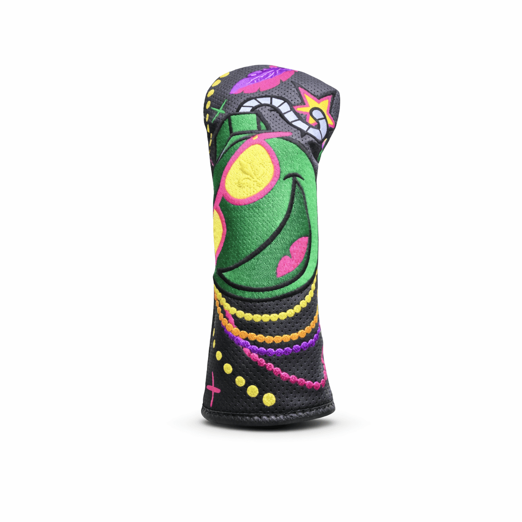 Colorful golf club head cover on a white background