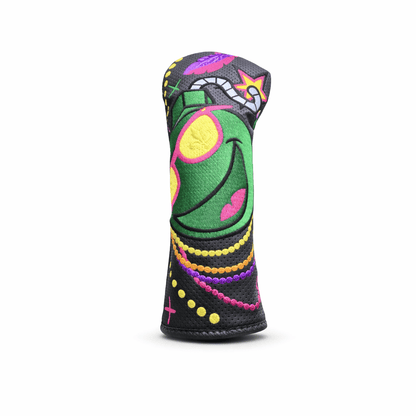 Colorful golf club head cover on a white background