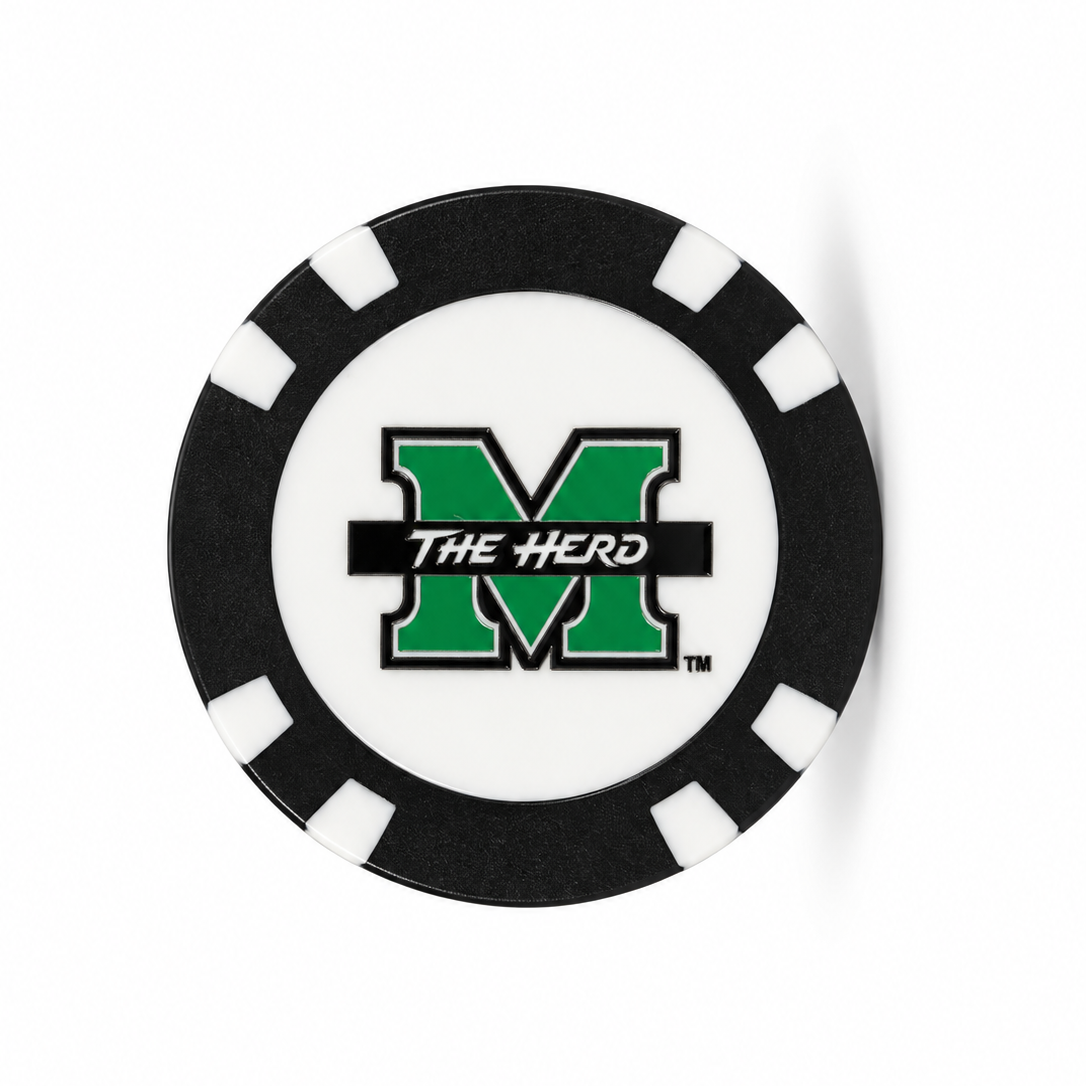 Marshall Thundering Herd golf poker chip logo detail on white background