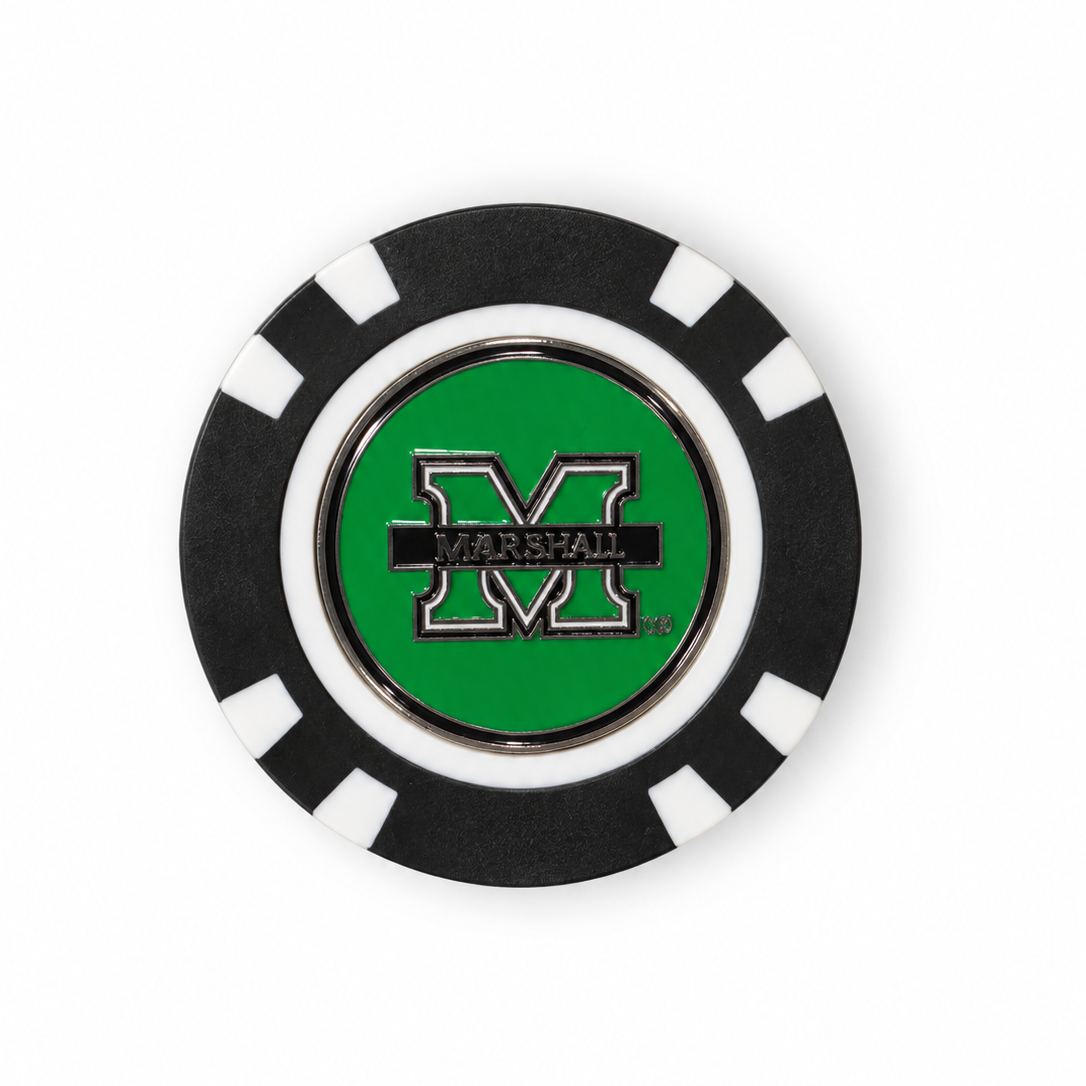 Marshall Thundering Herd golf poker chip, green logo side on white background