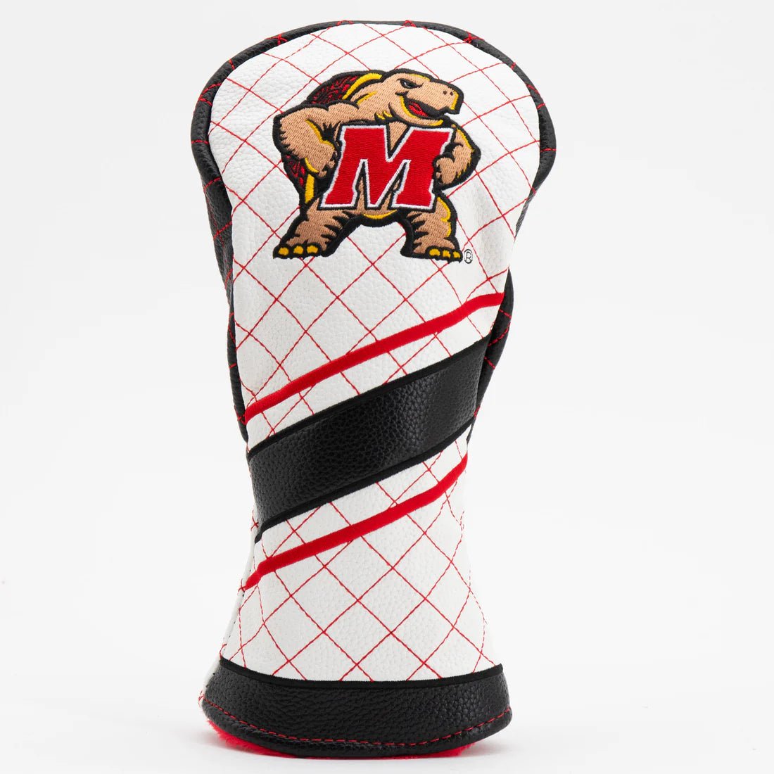 Golf club head cover with bear logo and red 'M' on a white background