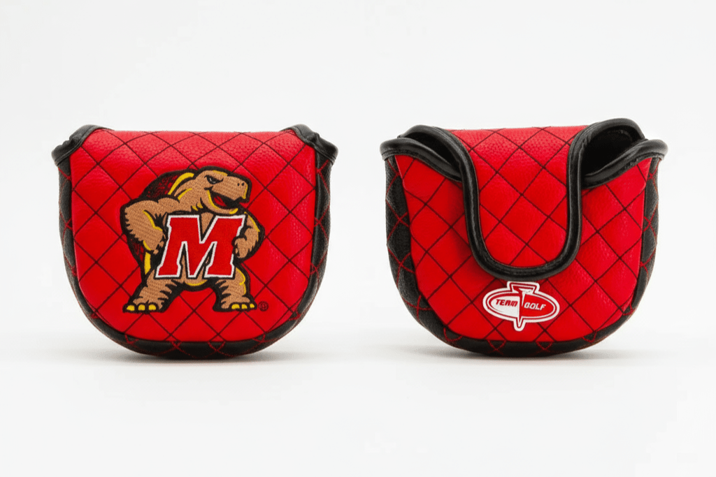 Two red golf club covers with logos on a white background