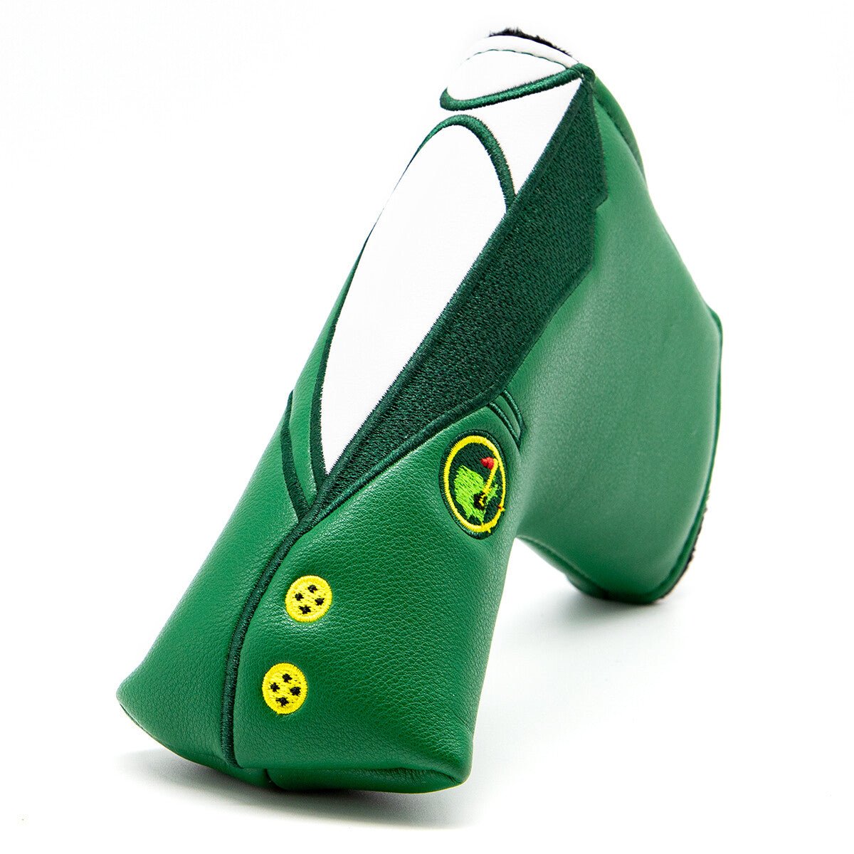 Green shoe with yellow buttons and a logo on a white background