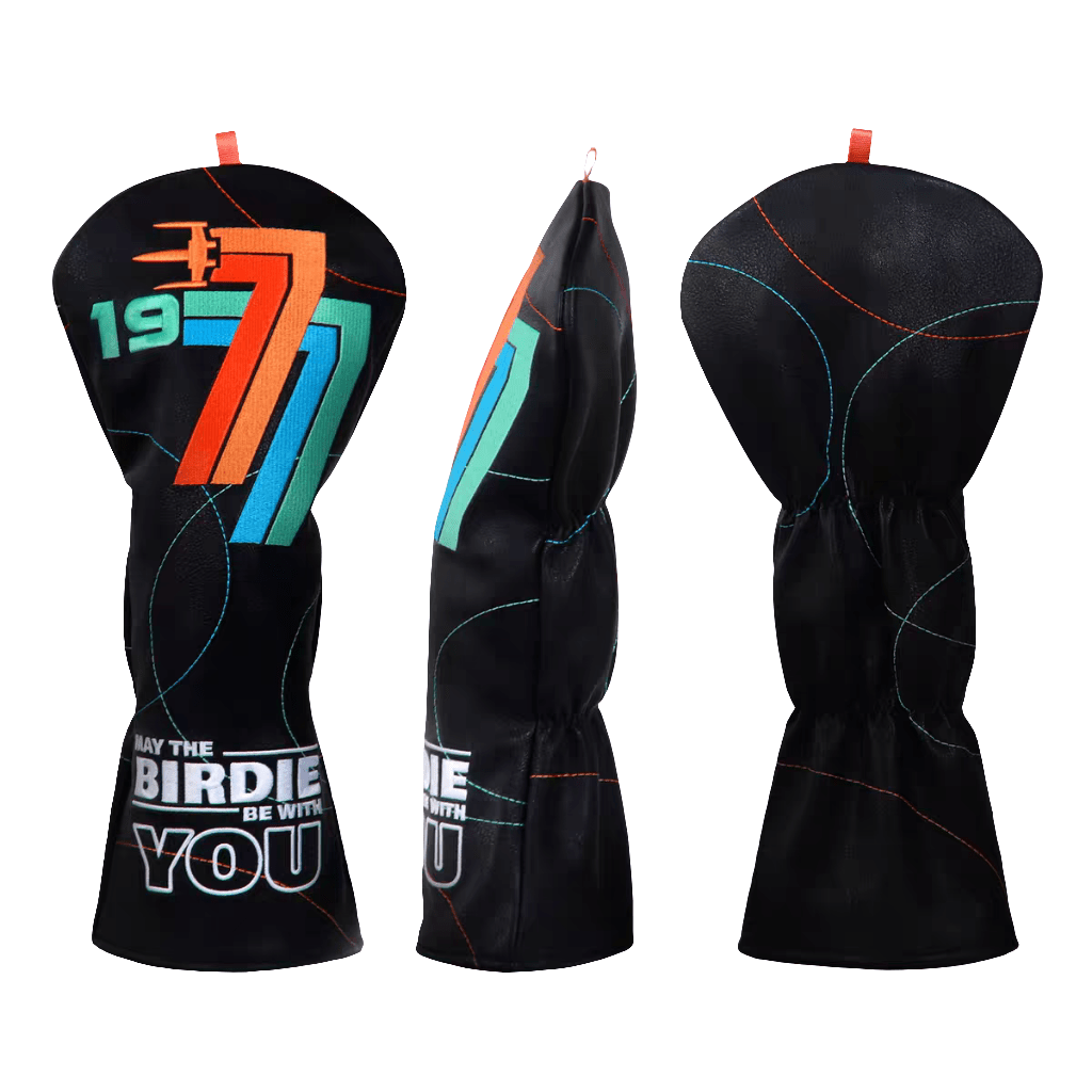 Black golf club head covers with colorful designs and text on a white background