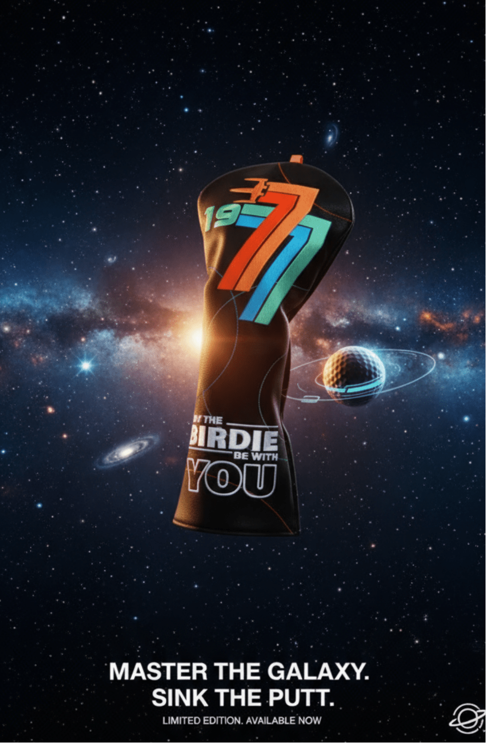 Golf putter with '1977' design against a space-themed background