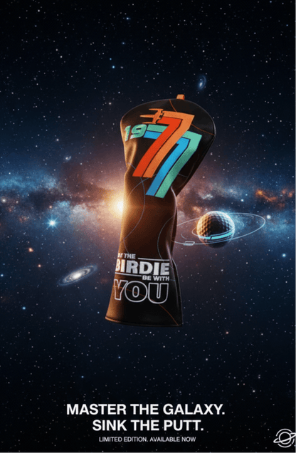 Golf putter with '1977' design against a space-themed background
