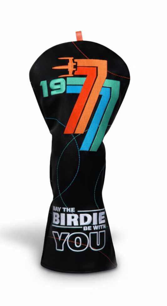 Golf club head cover with colorful design and text on a white background