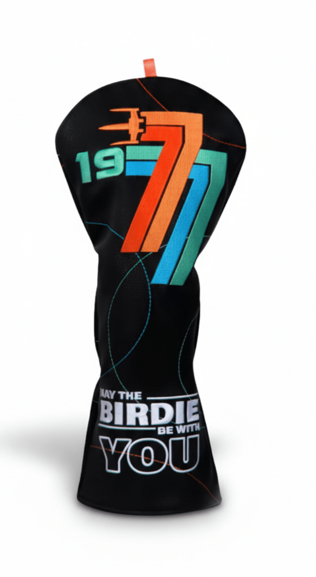 Golf club head cover with colorful design and text on a white background