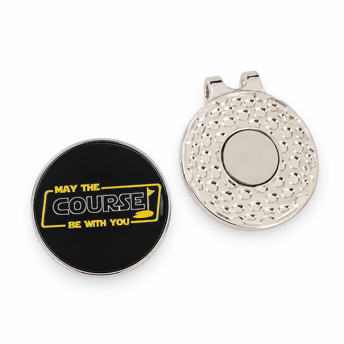 May the Course Be With You golf ball marker and magnetic hat clip on white