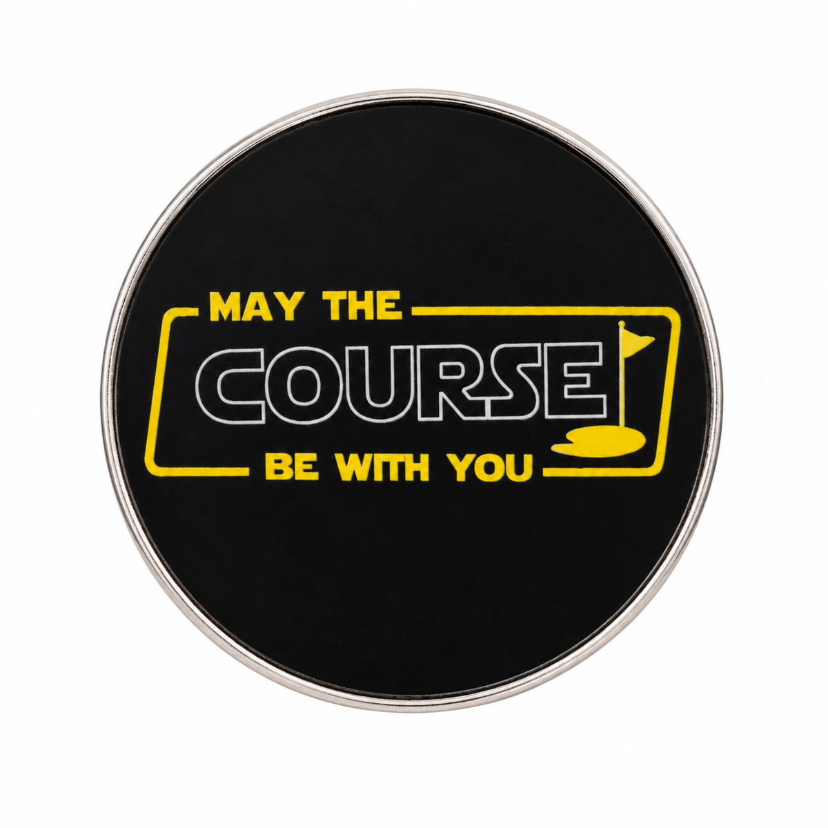 Close-up of black May the Course Be With You golf ball marker with yellow design and white outlined Course lettering