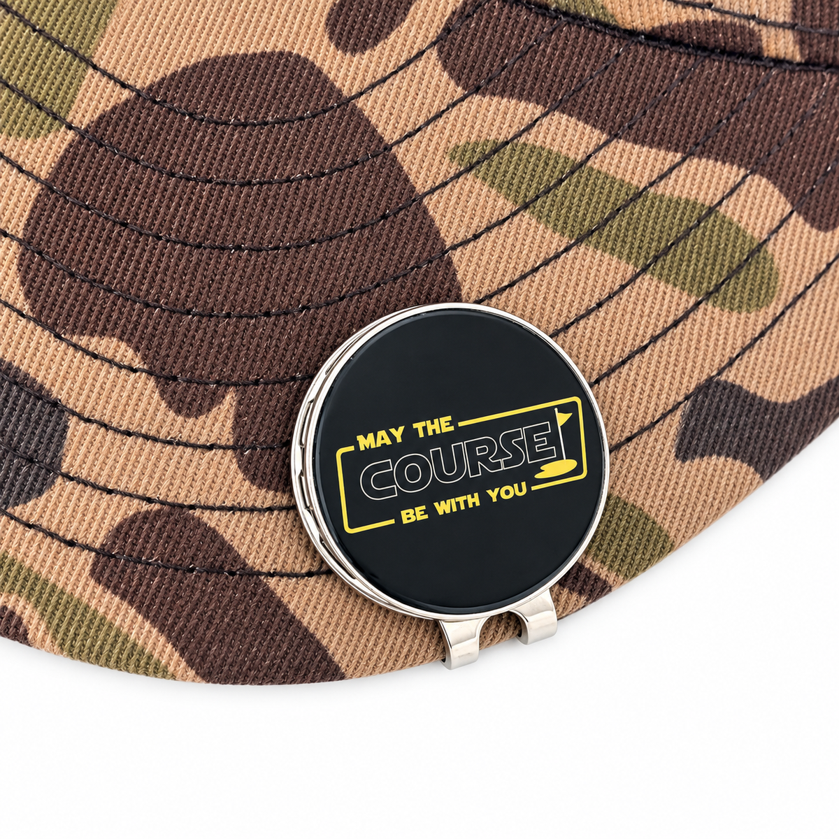 May the Course Be With You magnetic ball marker clipped to a camouflage hat brim; hat not included