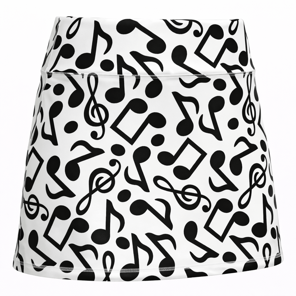 ReadyGOLF Melody women’s golf skort with black musical notes on white