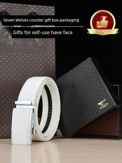 Men’s White Cowhide Belt with Automatic Ratchet Buckle - Club Rehab