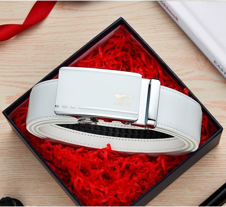 Men’s White Cowhide Belt with Automatic Ratchet Buckle - Club Rehab