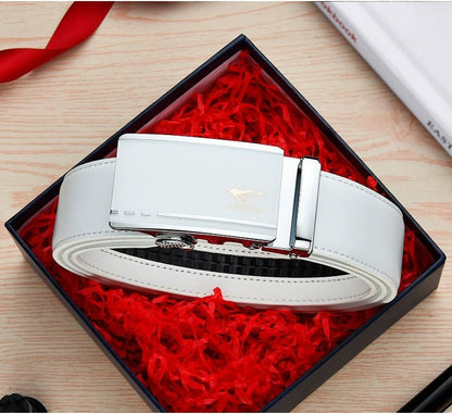 Men’s White Cowhide Belt with Automatic Ratchet Buckle - Club Rehab