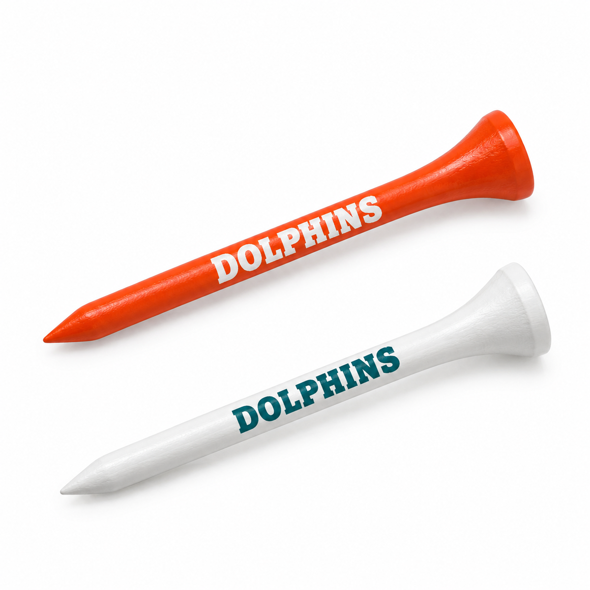Miami Dolphins golf tees in orange and white with team lettering.