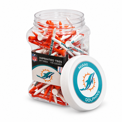 Close-up of the Miami Dolphins 175-count tee jar and separate lid.