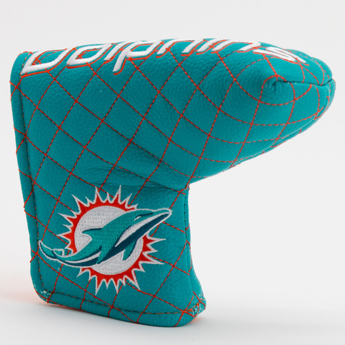 Miami Dolphins Solid Blade Putter quilted headcover, angled view