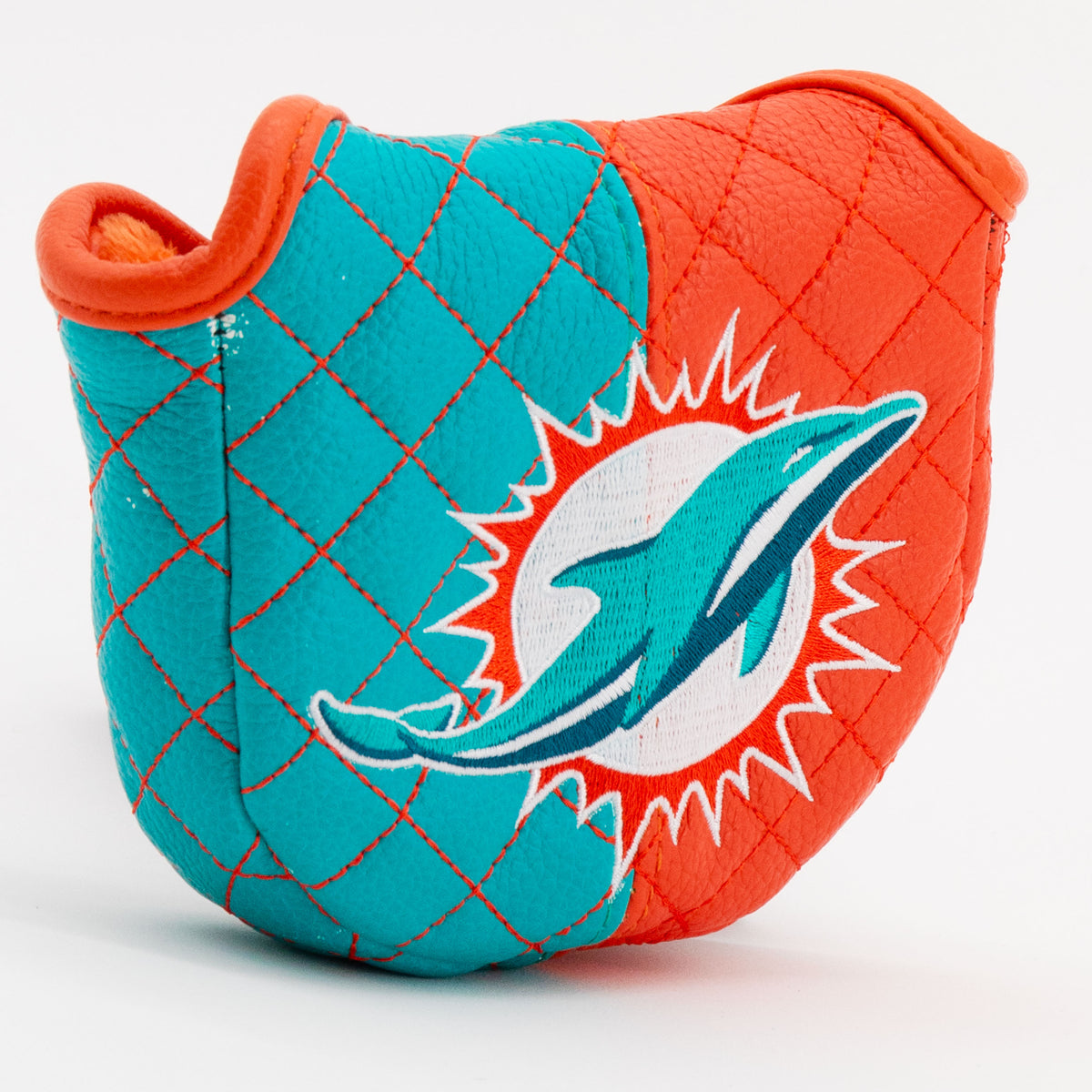 Miami Dolphins Split Mallet Putter quilted headcover, angled view