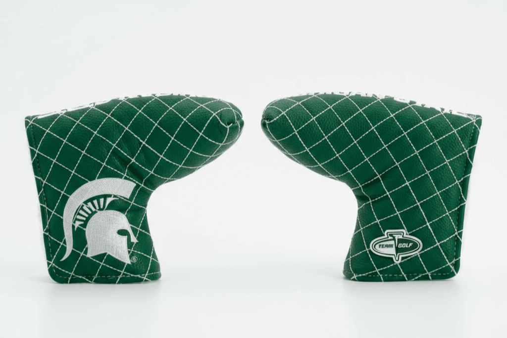 Two green grid-patterned golf club covers with logos on a white background