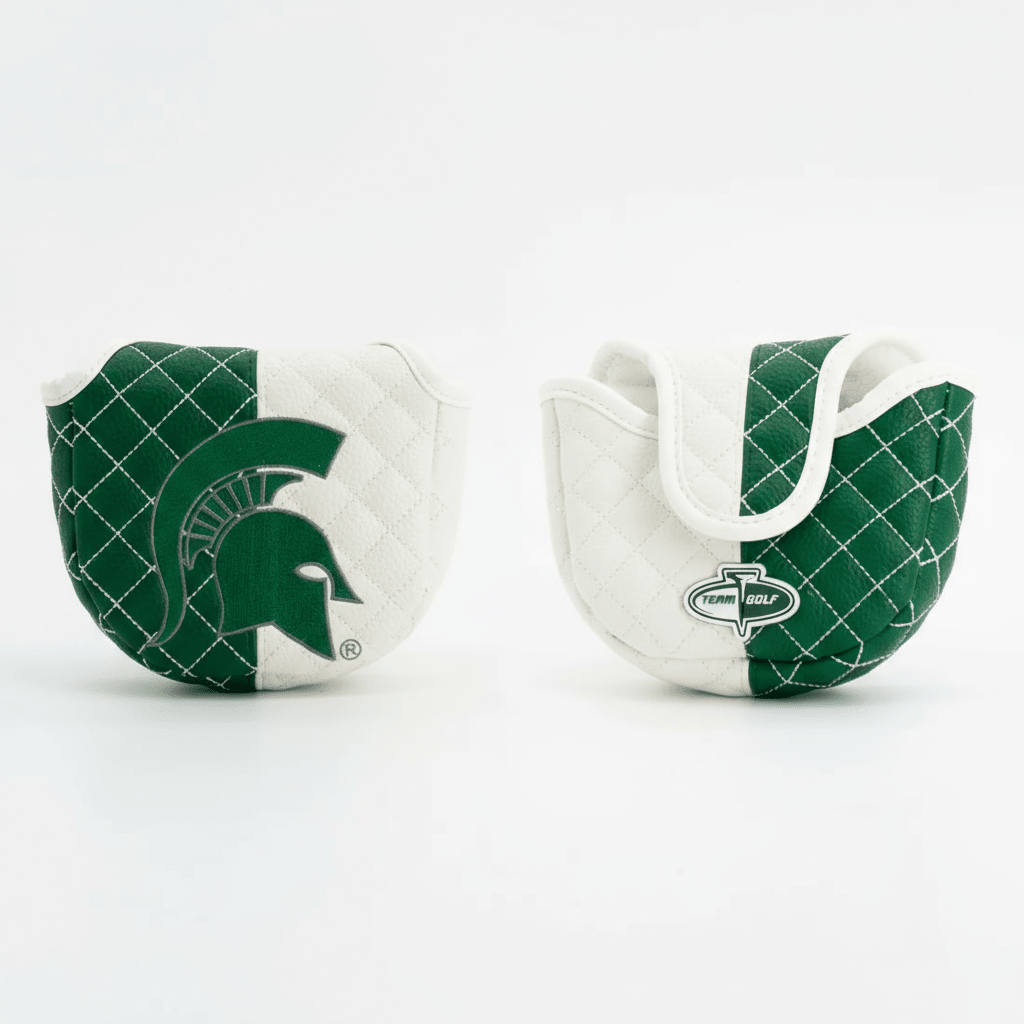 Two green and white golf club covers with Michigan State University logo on a white background
