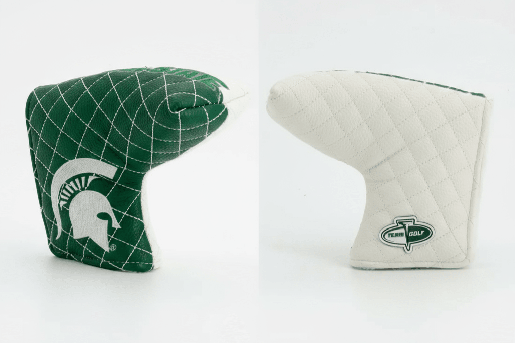 Two golf club covers, one green with a logo and one beige with a different logo, on a white background.