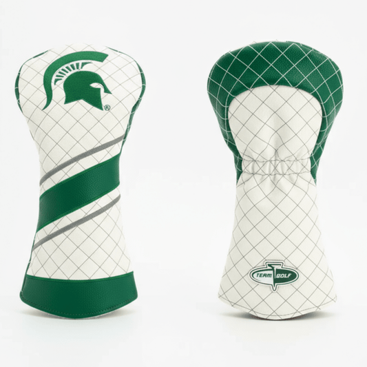 Two green and white golf club head covers on a light gray background