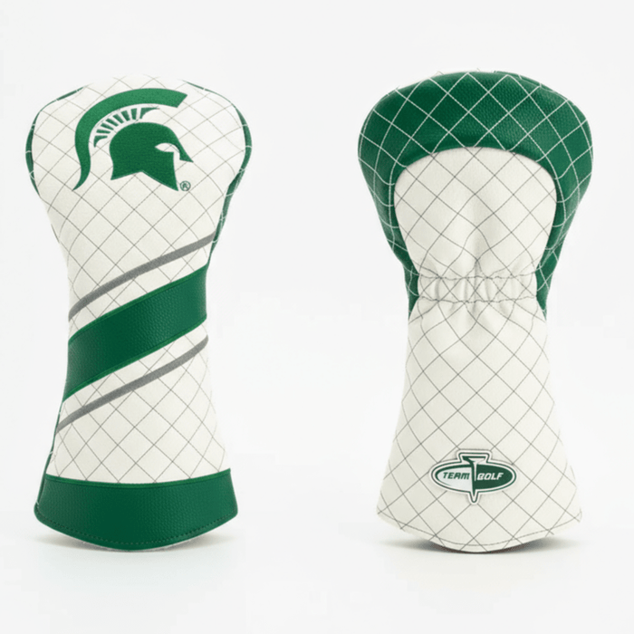 Two green and white golf club head covers on a light gray background