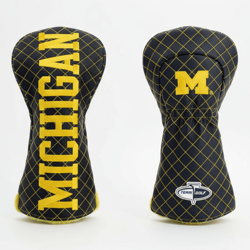 Two golf club head covers with 'Michigan' text and a logo on a white background