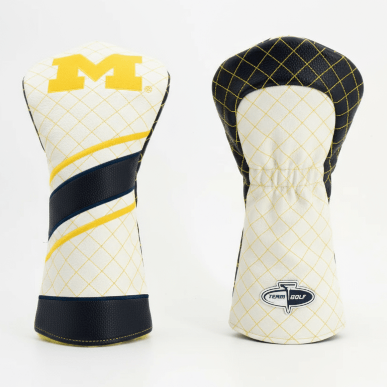 Two golf club head covers with a prominent 'M' logo on a white background