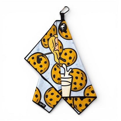 Milk & Cookies Golf Towel | Premium Double-Sided Microfiber | Heavy-Duty Magnetic Towel with Carabiner Clip | 24 x 16 in | Cart Girl - Club Rehab