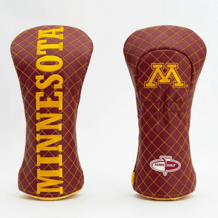 Two maroon golf club head covers with 'Minnesota' and a logo on a white background