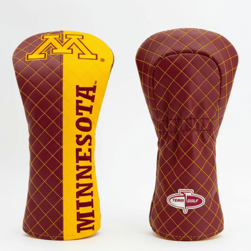 Two golf club heads, one with 'Minnesota' text and the other with a logo, on a white background.