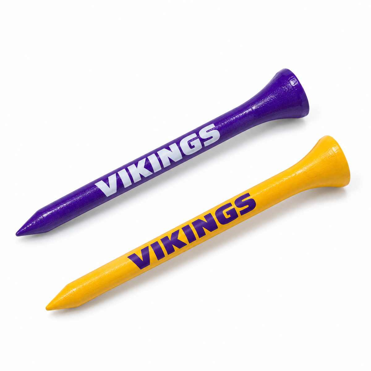 Minnesota Vikings golf tees in purple and gold with team lettering.