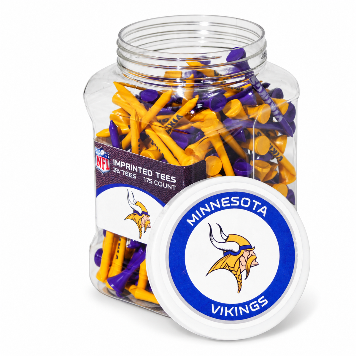 Close-up of the Minnesota Vikings 175-count tee jar and separate lid.