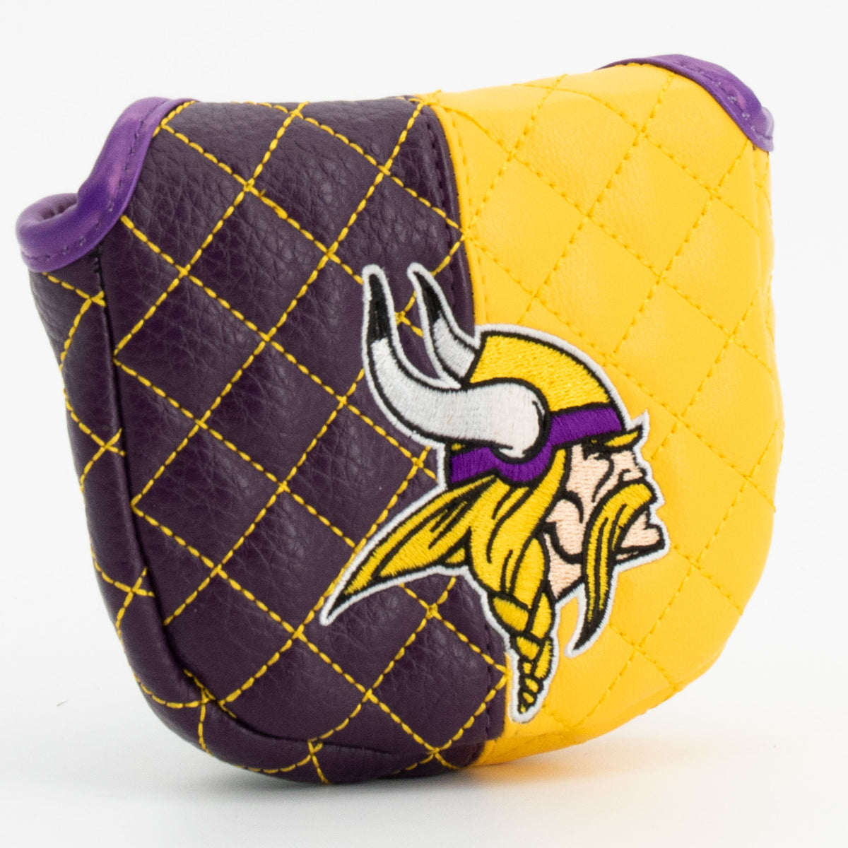 Minnesota Vikings split quilted mallet putter cover, close-up of the stitching and textured exterior