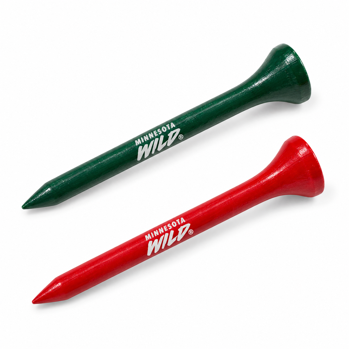 Minnesota Wild golf tees in green and red with team lettering.