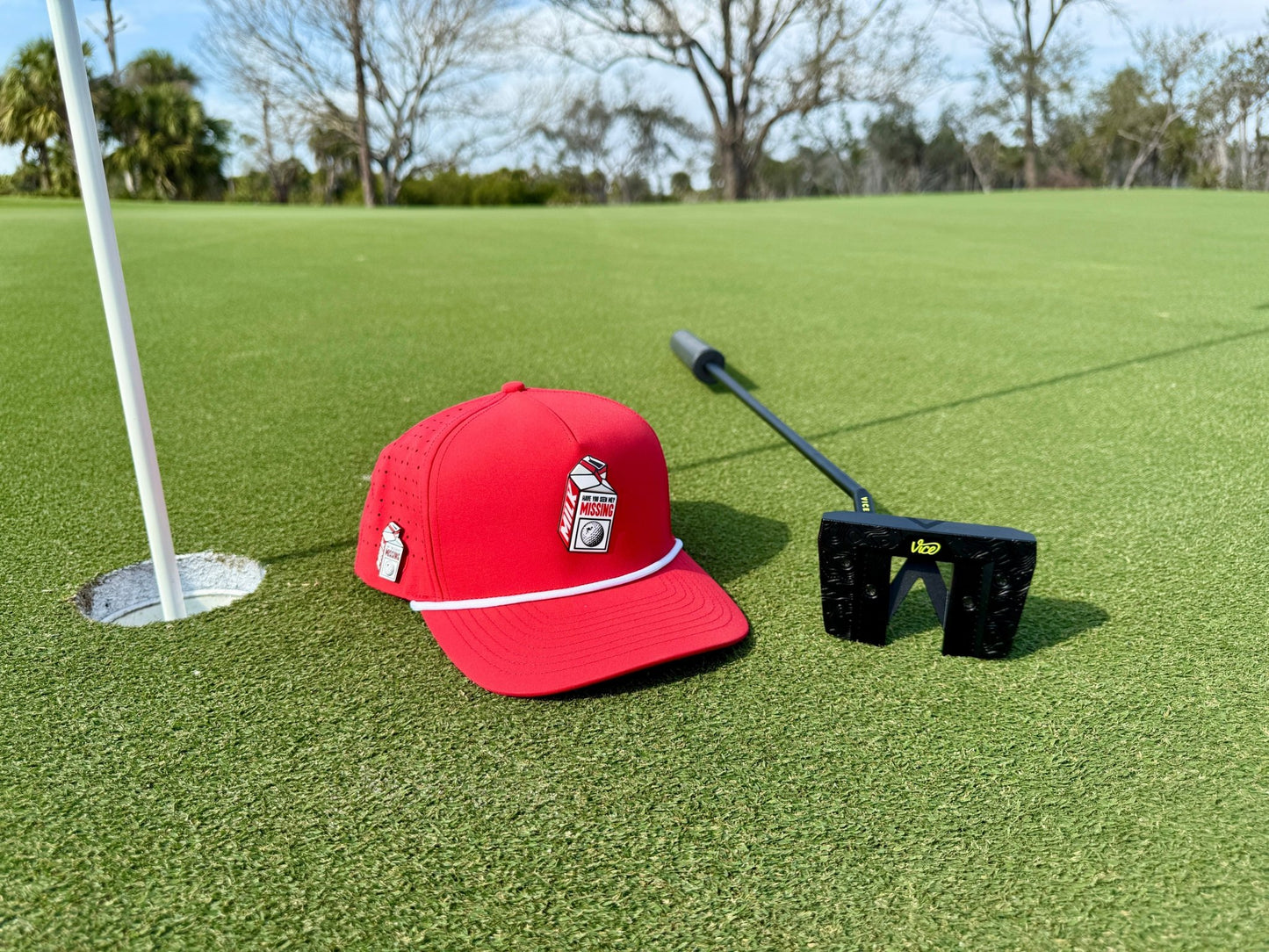 Missing Milk Golf Hat | Snapback Cap | Built-in Magnetic Ball Marker Holder + Marker Included | Missing Golf Ball | Adjustable Red - Club Rehab