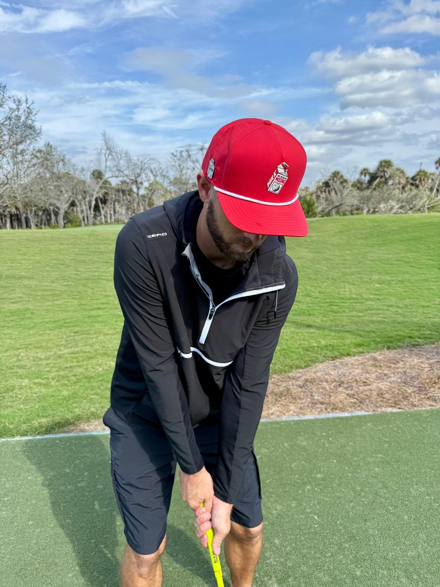 Missing Milk Golf Hat | Snapback Cap | Built-in Magnetic Ball Marker Holder + Marker Included | Missing Golf Ball | Adjustable Red - Club Rehab