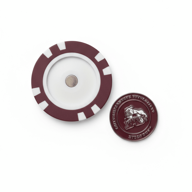 Maroon and white circular object with a logo on a white background