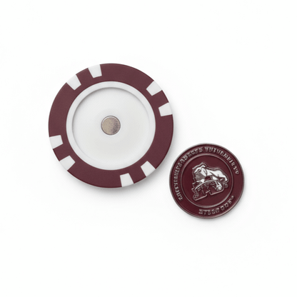 Maroon and white circular object with a logo on a white background